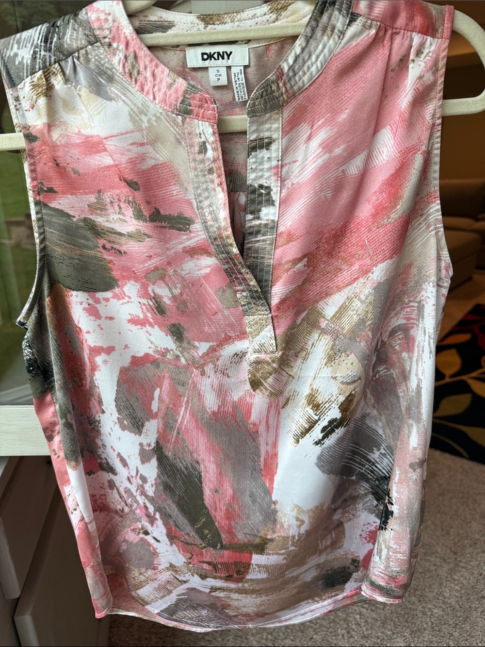 DKNY Pink, White & Brown Abstract Print Sleeveless Top